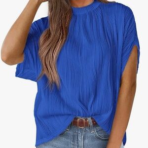 PRETTYGARDEN Women’s Casual Crewneck Short Sleeve Textured Blouse – Blue, Size L